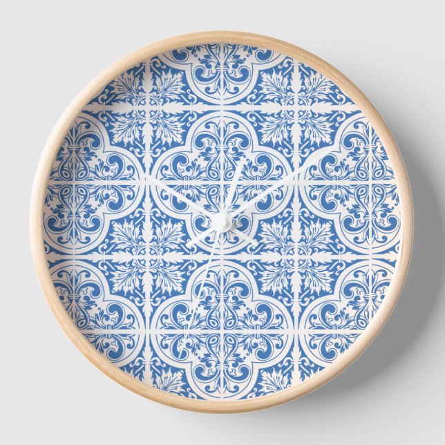 Blue Tiles Printed Wall Clock | Timeless Elegance" (Front)