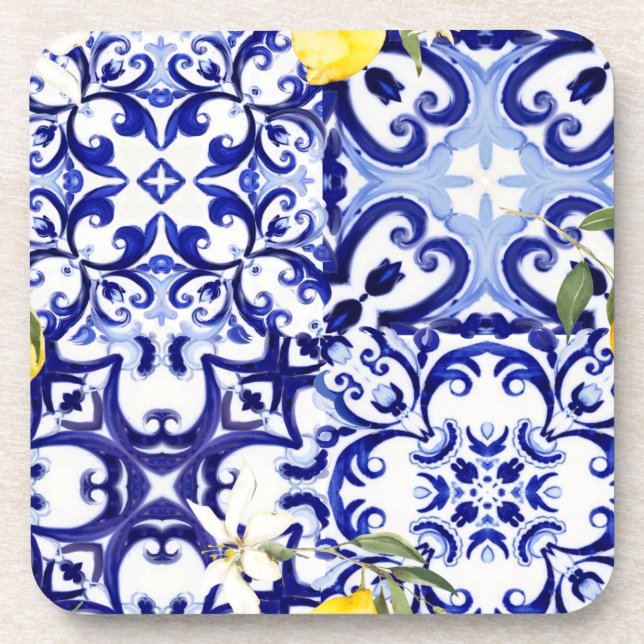 Blue tiles,Sicilian,majolica, mosaic art ,lemon  Beverage Coaster (Front)