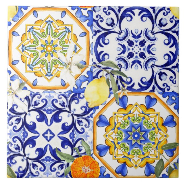 Blue tiles,Sicilian,majolica, mosaic art ,lemon  Ceramic Tile (Front)