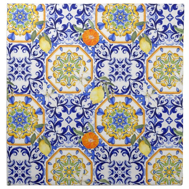 Blue tiles,Sicilian,majolica, mosaic art ,lemon  Cloth Napkin (Front)