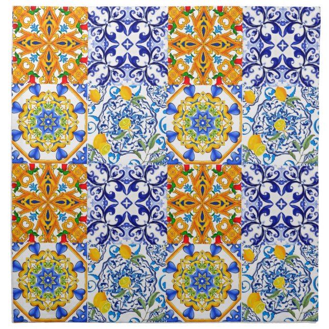 Blue tiles,Sicilian,majolica, mosaic art ,lemon  Cloth Napkin (Front)