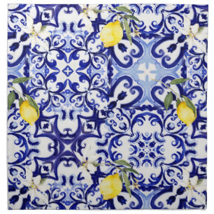 Blue tiles,Sicilian,majolica, mosaic art ,lemon  Cloth Napkin