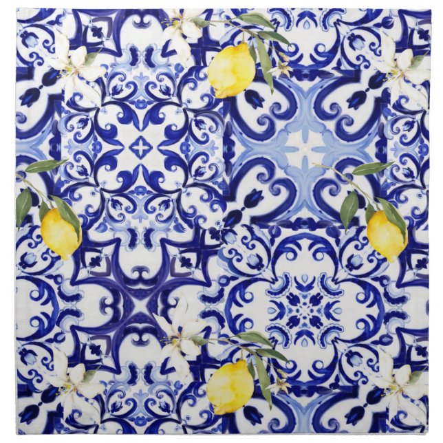 Blue tiles,Sicilian,majolica, mosaic art ,lemon  Cloth Napkin (Front)