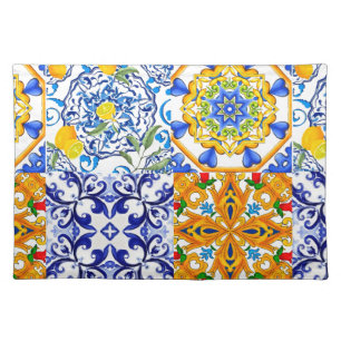 Blue tiles,Sicilian,majolica, mosaic art ,lemon Cloth Placemat