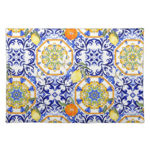 Blue tiles,Sicilian,majolica, mosaic art ,lemon Cloth Placemat