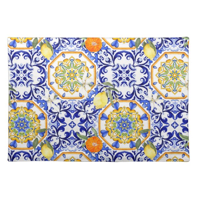 Blue tiles,Sicilian,majolica, mosaic art ,lemon  Cloth Placemat (Front)