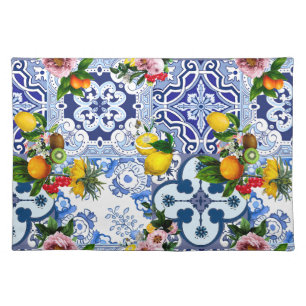 Blue tiles,Sicilian,majolica, mosaic art ,lemon Cloth Placemat