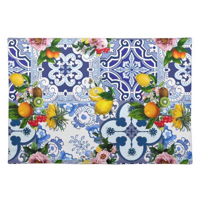 Blue tiles,Sicilian,majolica, mosaic art ,lemon  Cloth Placemat (Front)