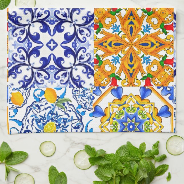 Blue tiles,Sicilian,majolica, mosaic art ,lemon  Kitchen Towel (Folded)