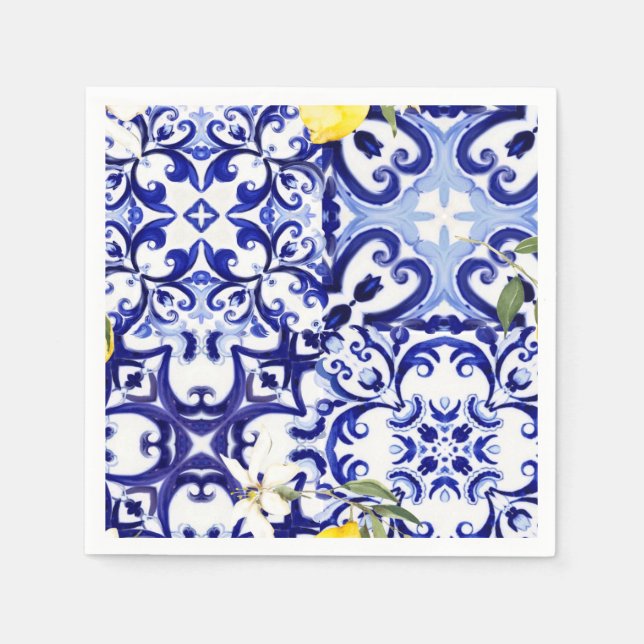 Blue tiles,Sicilian,majolica, mosaic art ,lemon  Napkins (Front)