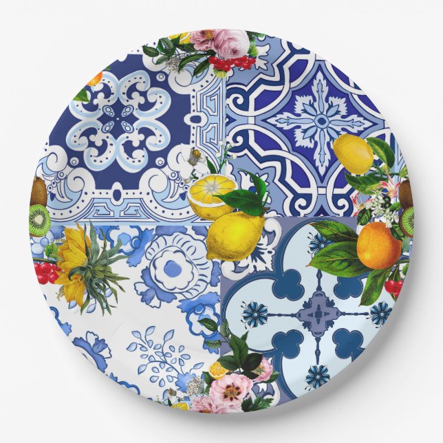 Blue tiles,Sicilian,majolica, mosaic art ,lemon  Paper Plates (Front)