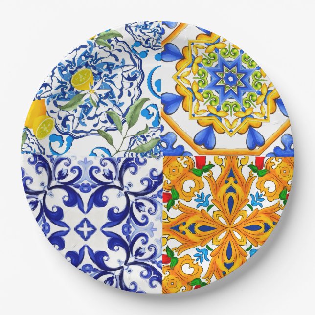 Blue tiles,Sicilian,majolica, mosaic art ,lemon  Paper Plates (Front)