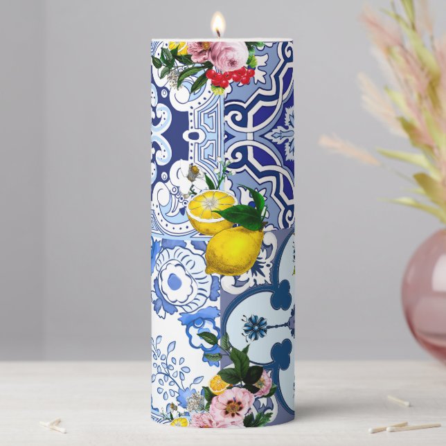 Blue tiles,Sicilian,majolica, mosaic art ,lemon  Pillar Candle (In Situ)