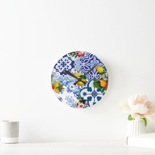Blue tilesSicilianmajolica mosaic art lemon  Round Clock
