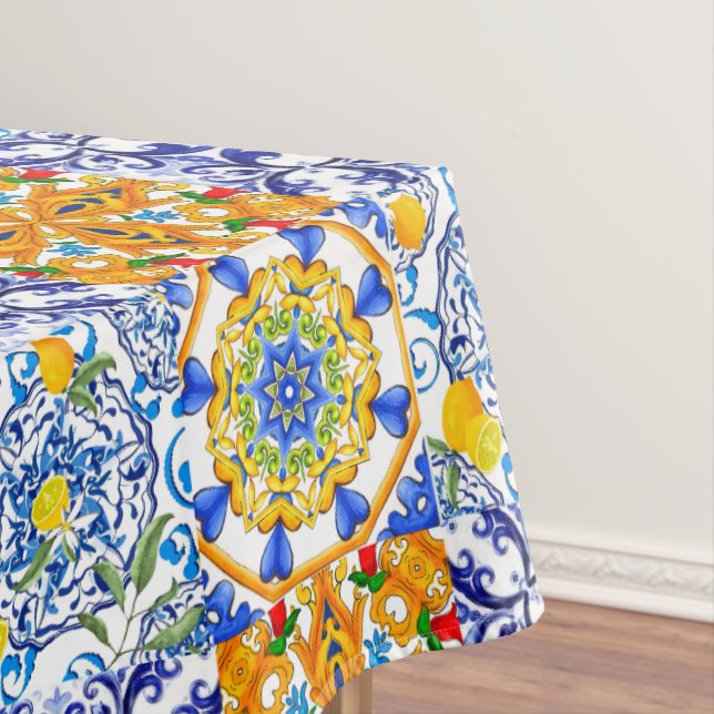 Blue tiles,Sicilian,majolica, mosaic art ,lemon  Tablecloth (In Situ)