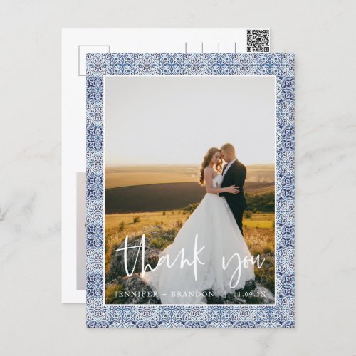 Blue tiles Thank you  Wedding Photo Postcard