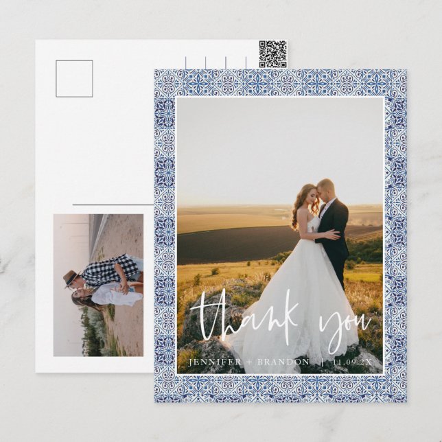 Blue tiles Thank you | Wedding Photo Postcard (Front/Back)