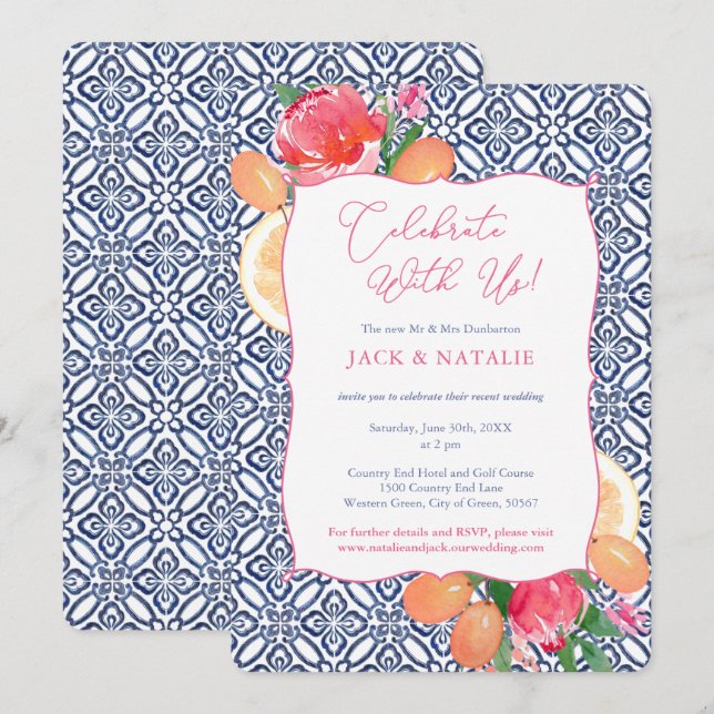 Blue Tiles Vivid Florals Citrus Celebrate With Us Invitation (Front/Back)