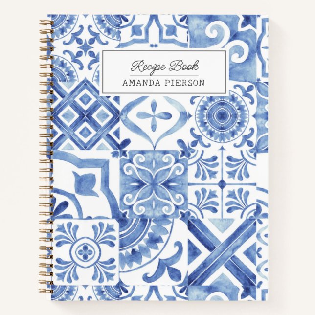 Blue Tiles Watercolor Personalized  Notebook (Front)