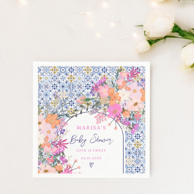 Blue tiles watercolor wildflowers baby shower napkins (Blue tiles watercolor wildflowers baby shower napkins)