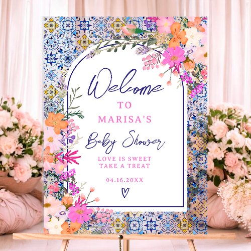 Blue tiles watercolor wildflowers baby welcome acrylic sign