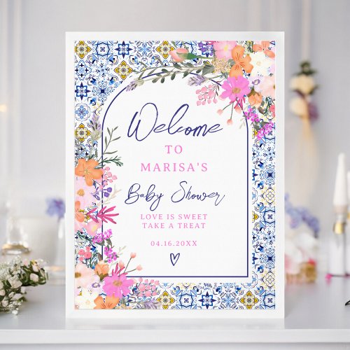 Blue tiles watercolor wildflowers baby welcome poster