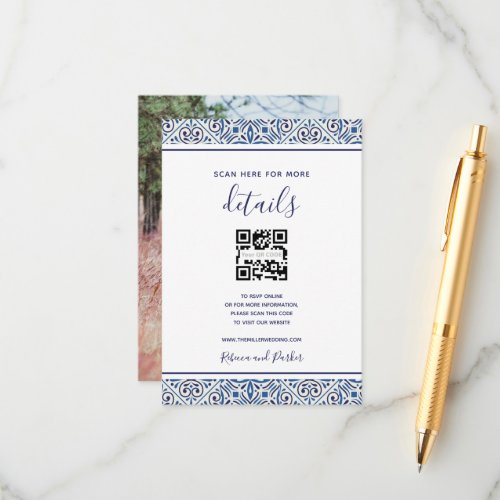 Blue tiles wedding details QR photo insert card