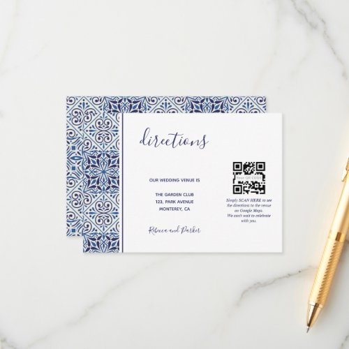 Blue tiles wedding Directions QR code insert card