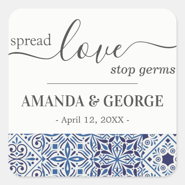 Blue tiles Wedding Favor Sanitizing Square Sticker (Front)
