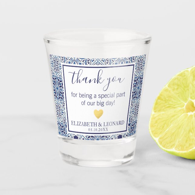 Blue tiles Wedding Favor Thank you Shot Glass (Front)
