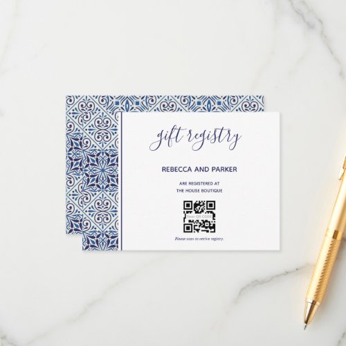 Blue tiles wedding Gift Registry QR code card