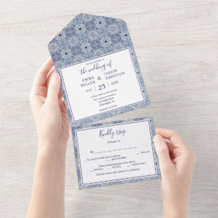 Blue tiles Wedding Invitation all in one photo