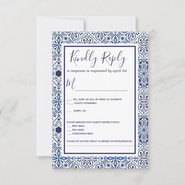 Blue Tiles Wedding RSVP Card (Front)