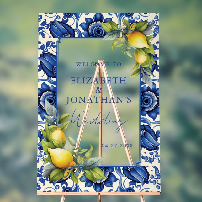 Blue Tiles Yellow Lemons Wedding Welcome Acrylic Sign (Neutral)
