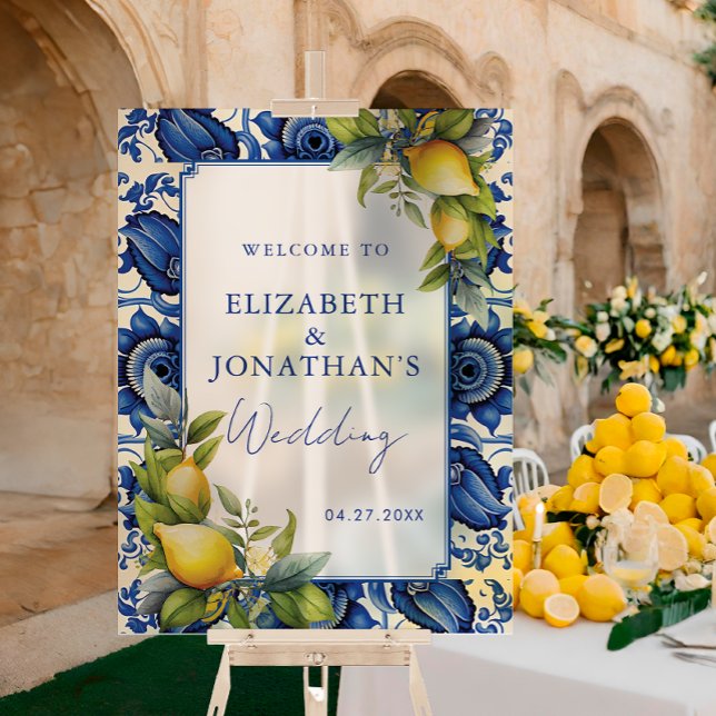 Blue Tiles Yellow Lemons Wedding Welcome Acrylic Sign (Creator Uploaded)