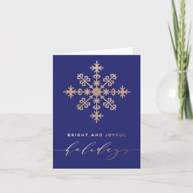 Blue Timeless Faux Gold Bright And Joyful Holidays Holiday Card (Front)