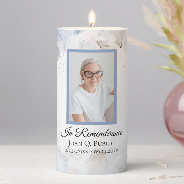 Blue Tinted Carnation Celebration of Life Funeral Pillar Candle (In Situ)