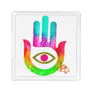 Blue Tipped Minimalist Hamsa Art Challah Tray