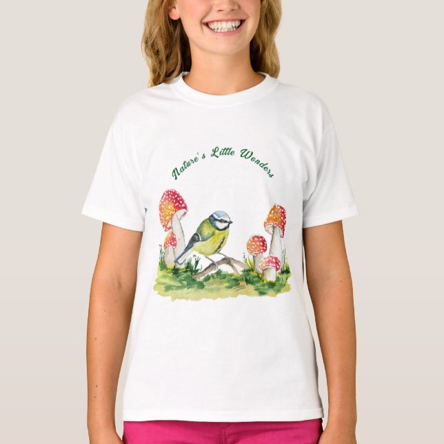 Blue Tit and Fly Agaric in a Forest Clearing T-Shirt (Front)