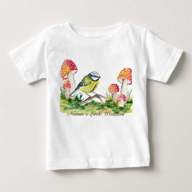Blue Tit and Fly Agaric Watercolor Baby T-Shirt (Front)