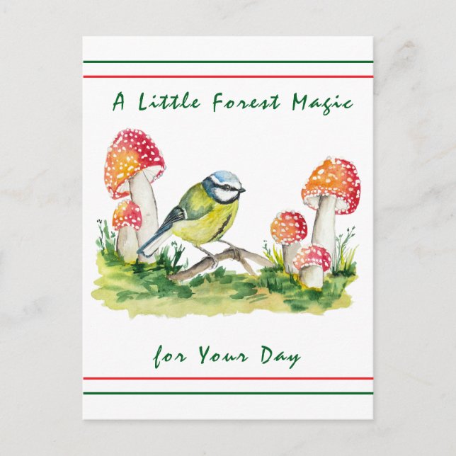 Blue Tit and Fly Agaric Watercolor Postcard (Front)