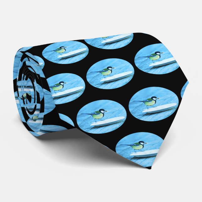 Blue Tit Bird Feeding off a Cake Plate Black Neck Tie (Rolled)