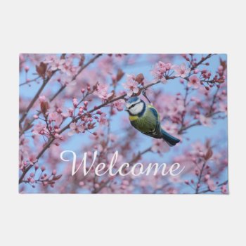 Blue Tit Bird In Pink Japanese Cherry Blossoms Doormat by Kathom_Photo at Zazzle