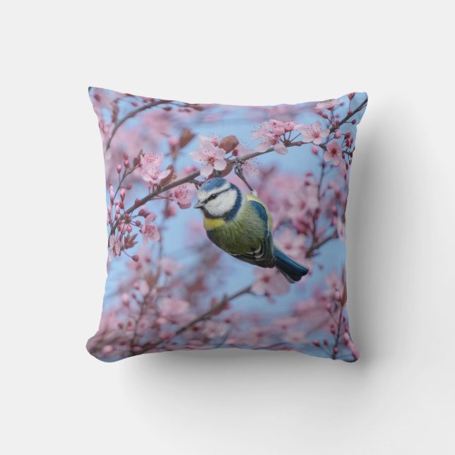 Blue Tit Bird in Pink Japanese Cherry Blossoms  Throw Pillow (Front)