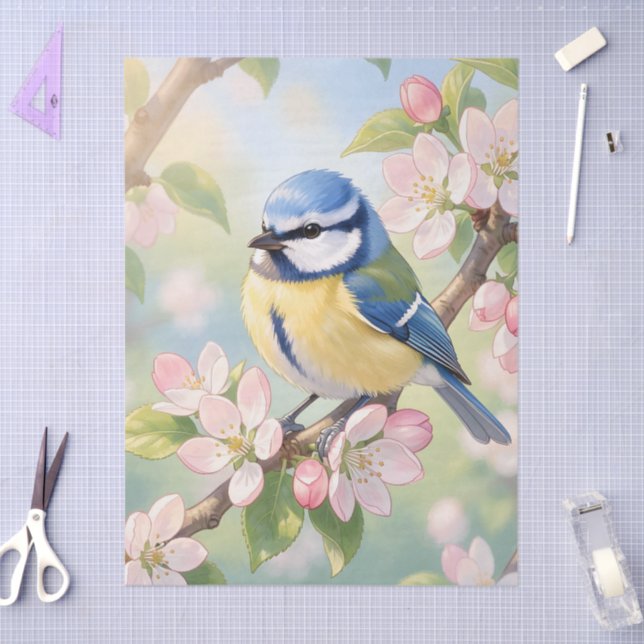  Blue Tit Bird on Apple Tree Spring Decoupage Tissue Paper (Craft)