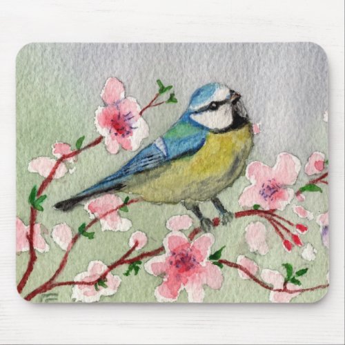 Blue Tit Bird On Cherry Blossom Tree Mouse Pad