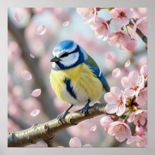  Blue Tit Bird on Cherry Blossom Tree Spring Poster
