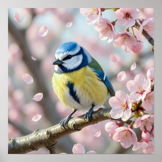  Blue Tit Bird on Cherry Blossom Tree Spring Poster (Front)
