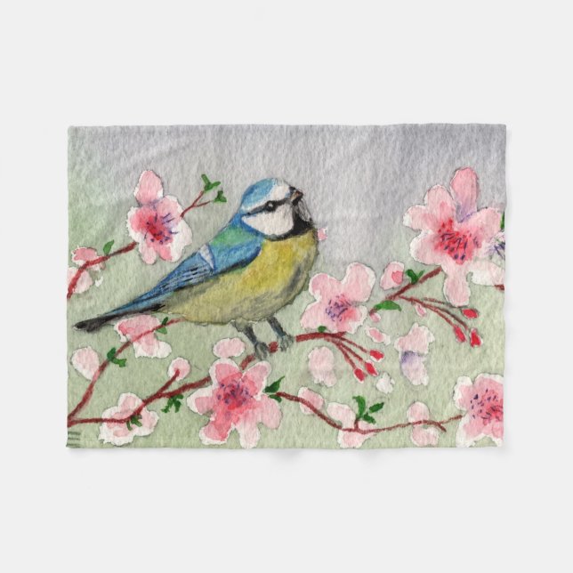 Blue Tit Bird On Cherry Blossom Tree Watercolour Fleece Blanket (Front (Horizontal))