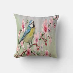 Blue Tit Bird On Cherry Blossom Tree Watercolour Throw Pillow